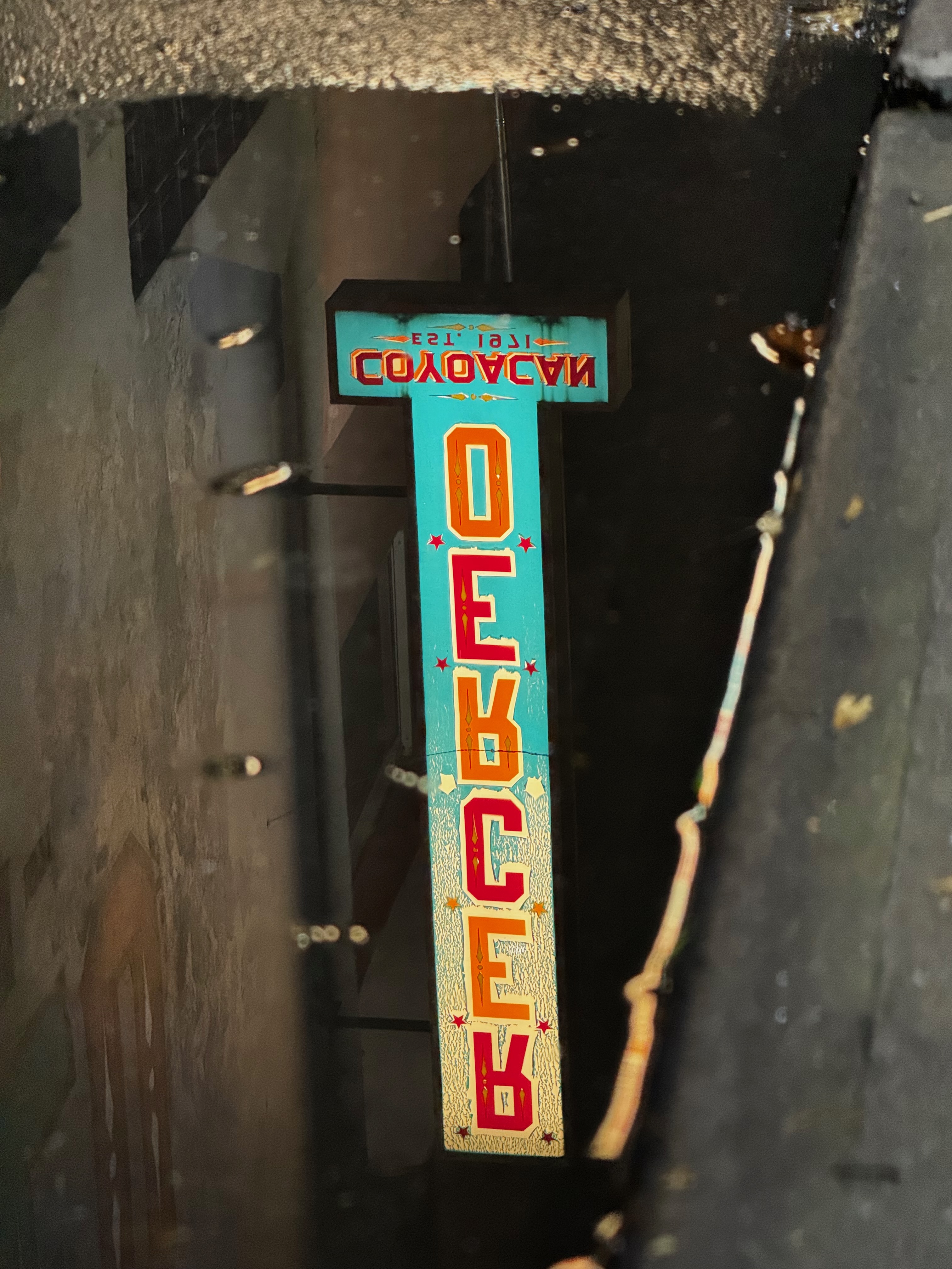 A streetlight illuminates a puddle in Mexico City